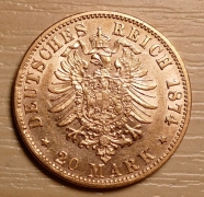 055, 20 Mark, 1874  F, Wuertenberg,  -0/1+