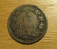 5/10 krejcar  1860 A, +1/1+ !!